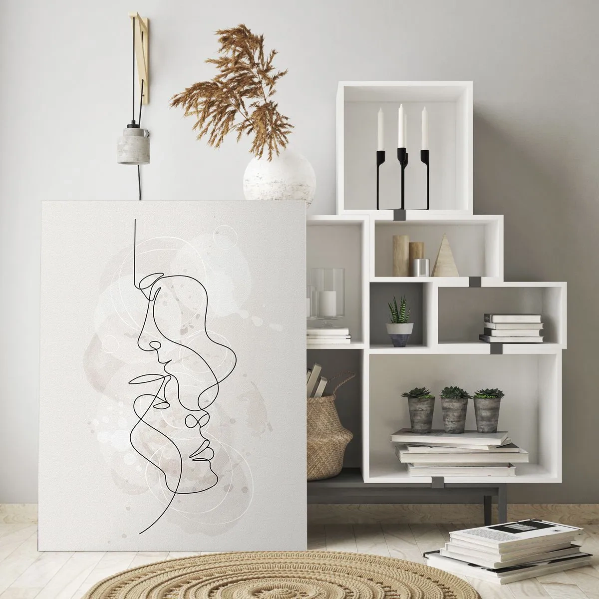 Glasbild - Bild auf glas - Abstrakte Umrisse zweier Gesichter auf hellem Hintergrund - 70x100cm - Verstrickt in eine Umarmung - Moderne Wanddekoration für Wohnzimmer und Schlafzimmer ARTTOR