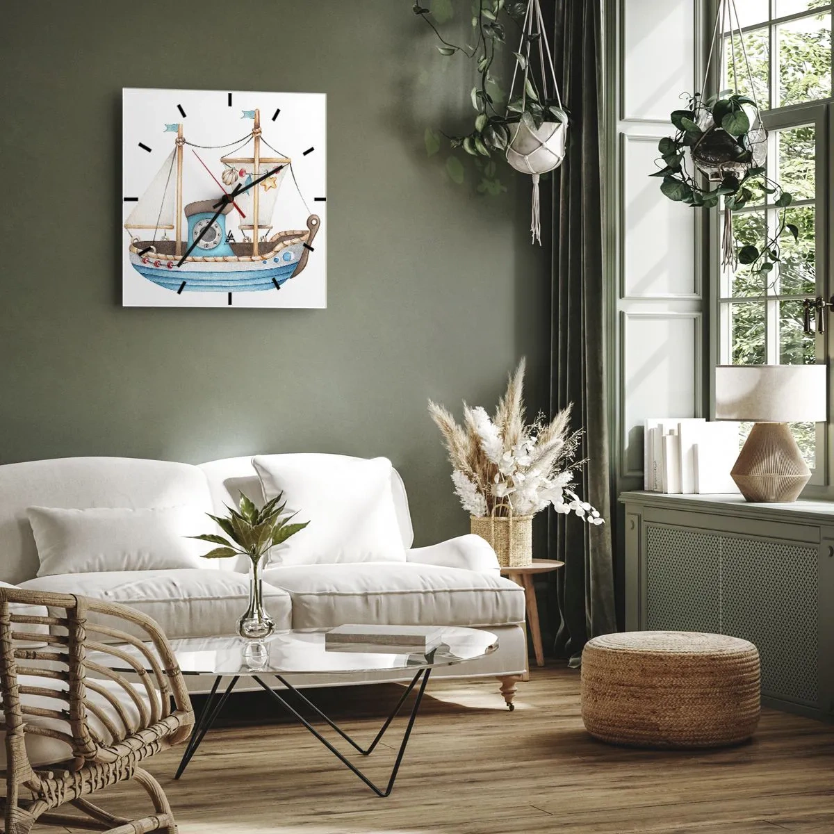 Wanduhr - Glasuhr - Abbildung eines Schiffes in Pastellfarben auf weißem Hintergrund - 30x30cm - Ahoi, Abenteuer! - Moderne Wanddekoration für Wohnzimmer und Schlafzimmer ARTTOR