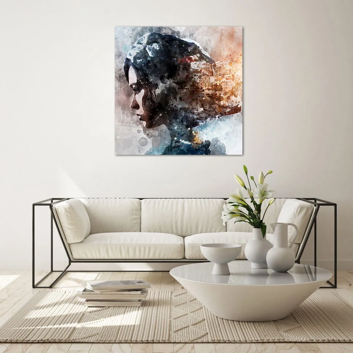 Glasbild - Bild auf glas - Eine Geschichte über ein Mädchen mit einer Stadt im Hintergrund - 70x70 cm