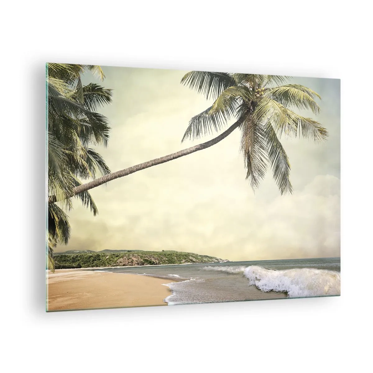 Glasbild - Bild auf glas - Tropischer Strand mit Palmen und Wellen - 70x50cm - Tropischer Traum - Moderne Wanddekoration für Wohnzimmer und Schlafzimmer ARTTOR