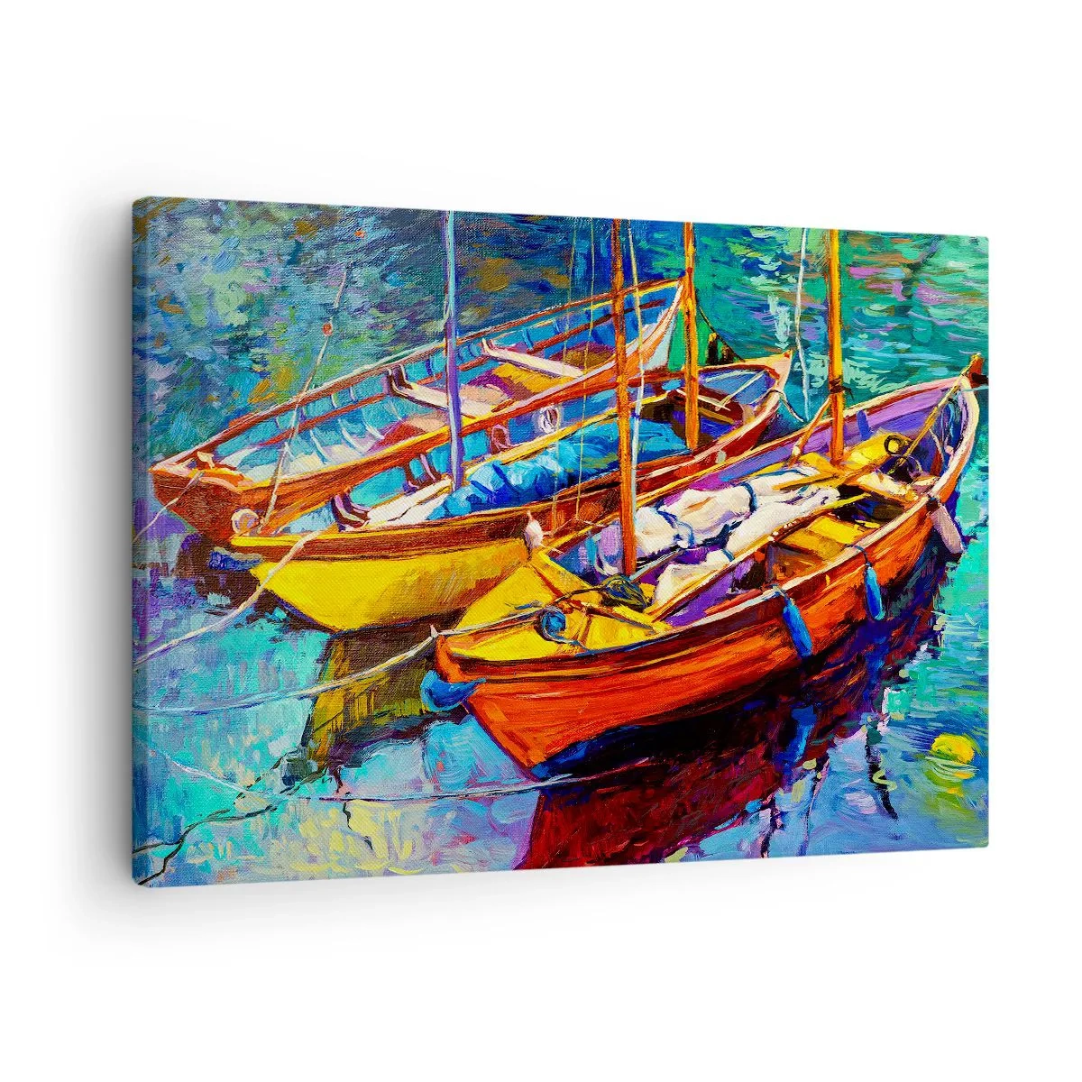 Bild auf Leinwand - Leinwandbild - Bunte Boote auf ruhigem Wasser - 70x50cm - Auf Wasser dick mit Farben - Moderne Wanddekoration für Wohnzimmer und Schlafzimmer ARTTOR