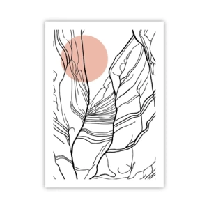 Poster - Minimalistische Strichzeichnung mit einem rosa Kreis im Hintergrund - 50x70cm - In einem Netz aus Zweigen - Moderne Wanddekoration für Wohnzimmer und Schlafzimmer ARTTOR