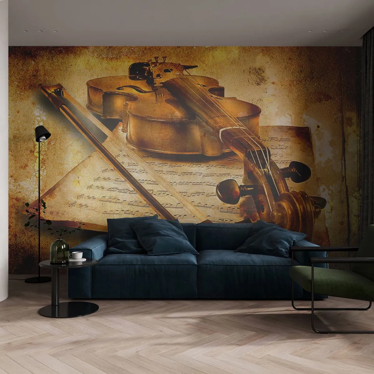 Fototapete Premium Sand - Ein Virtuose dringend benötigt - Geige, Musik, Musiknoten - 450x315 cm