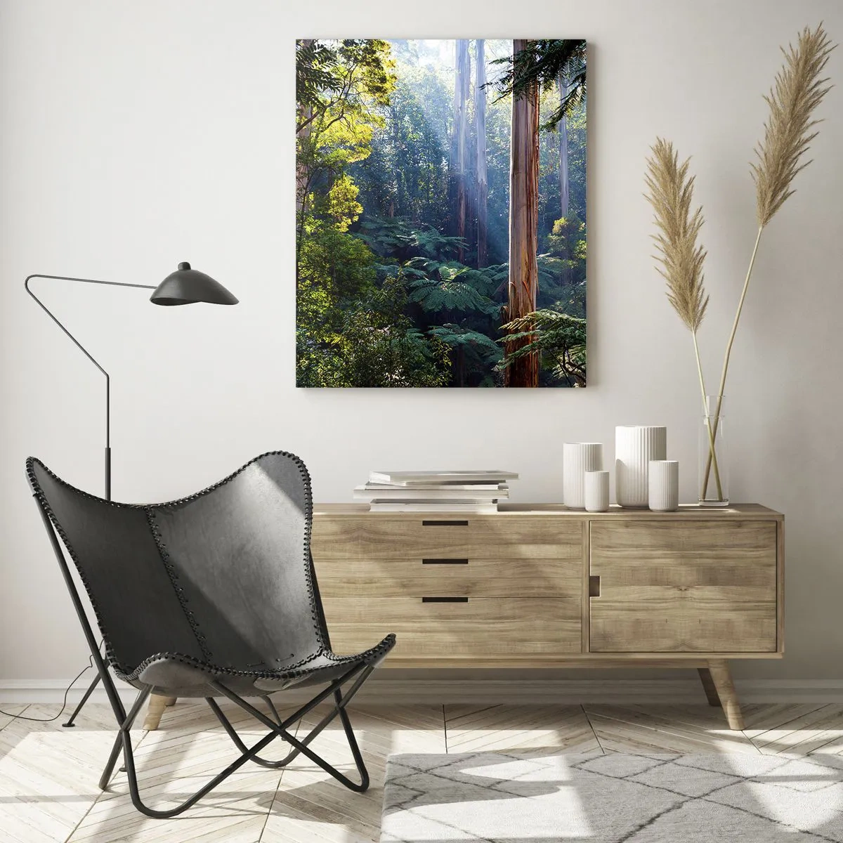 Glasbild - Bild auf glas - Grüner tropischer Wald mit Sonnenstrahlen - 50x70cm - Ein Waldmärchen - Moderne Wanddekoration für Wohnzimmer und Schlafzimmer ARTTOR