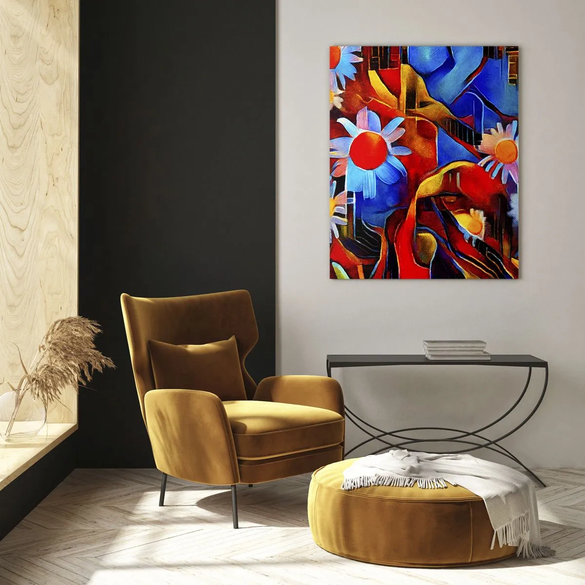 Glasbild - Bild auf glas - Abstrakte Blumen vor einem Hintergrund aus geometrischen Mustern - 80x120cm - Die Farben des Lebens - Moderne Wanddekoration für Wohnzimmer und Schlafzimmer ARTTOR