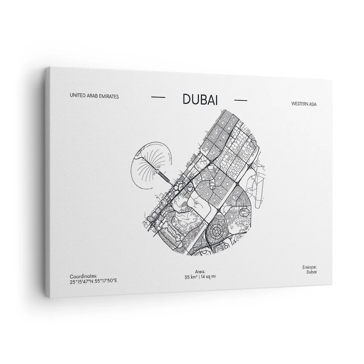 Bild auf Leinwand - Leinwandbild - Eine minimalistische Schwarzweißkarte von Dubai mit Standortmarkierungen. - 70x50cm - Anatomie von Dubai - Moderne Wanddekoration für Wohnzimmer und Schlafzimmer ARTTOR