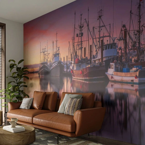 Selbstklebende Fototapete Deluxe Sticker - Vor dem nächsten Tag - Fischerhafen, Boote, Angeln - 300x210 cm