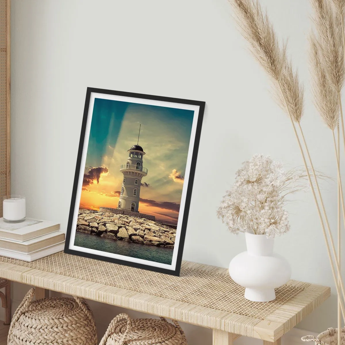 Poster in einem schwarzem Rahmen - Leuchtturm bei Sonnenuntergang - 50x70cm - Licht - Gut - Schönheit - Moderne Wanddekoration für Wohnzimmer und Schlafzimmer ARTTOR