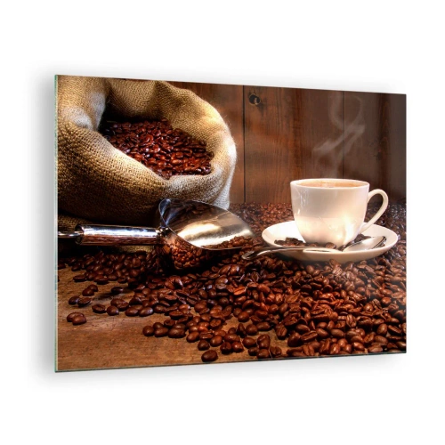 Glasbild - Bild auf glas - Eine Tasse Kaffee vor einem Hintergrund aus Bohnen und einem Jutebeutel - 70x50cm - Fühlst du diesen Geruch? - Moderne Wanddekoration für Wohnzimmer und Schlafzimmer ARTTOR