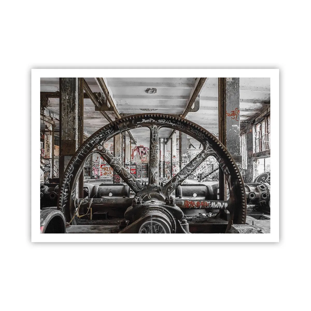Poster - Ein alter Mechanismus in einem verlassenen Industriegebäude - 100x70cm - Das geheime Leben der Fabrik - Moderne Wanddekoration für Wohnzimmer und Schlafzimmer ARTTOR
