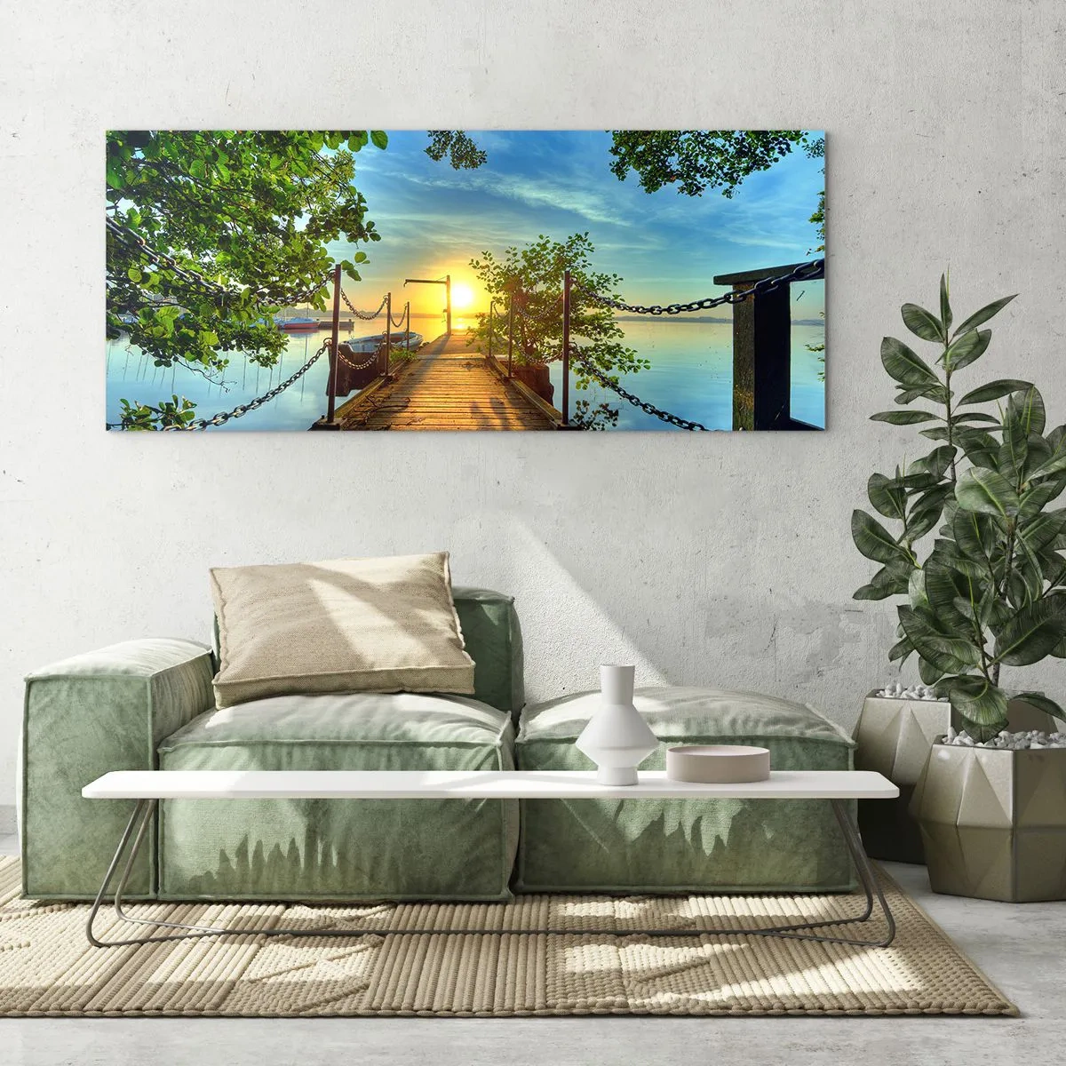 Glasbild - Bild auf glas - Ein Pier über dem See in den Strahlen des Sonnenuntergangs - 120x50cm - Westen auf dem Wasser - Moderne Wanddekoration für Wohnzimmer und Schlafzimmer ARTTOR