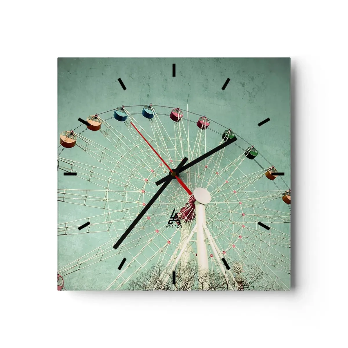 Wanduhr - Glasuhr - Ein buntes Riesenrad vor blauem Himmel im Retro-Stil - 30x30cm - Wir laden zum Spiel ein - Moderne Wanddekoration für Wohnzimmer und Schlafzimmer ARTTOR
