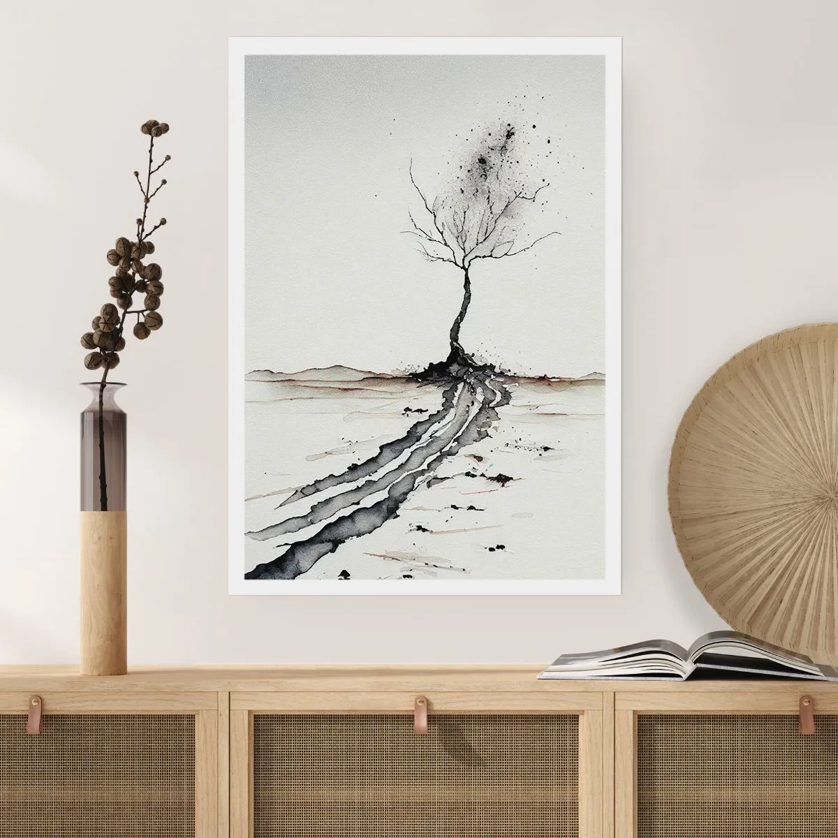 Poster - Ein minimalistischer Baum mit abstrakten Wurzeln - 50x70cm - Wintermelancholie - Moderne Wanddekoration für Wohnzimmer und Schlafzimmer ARTTOR