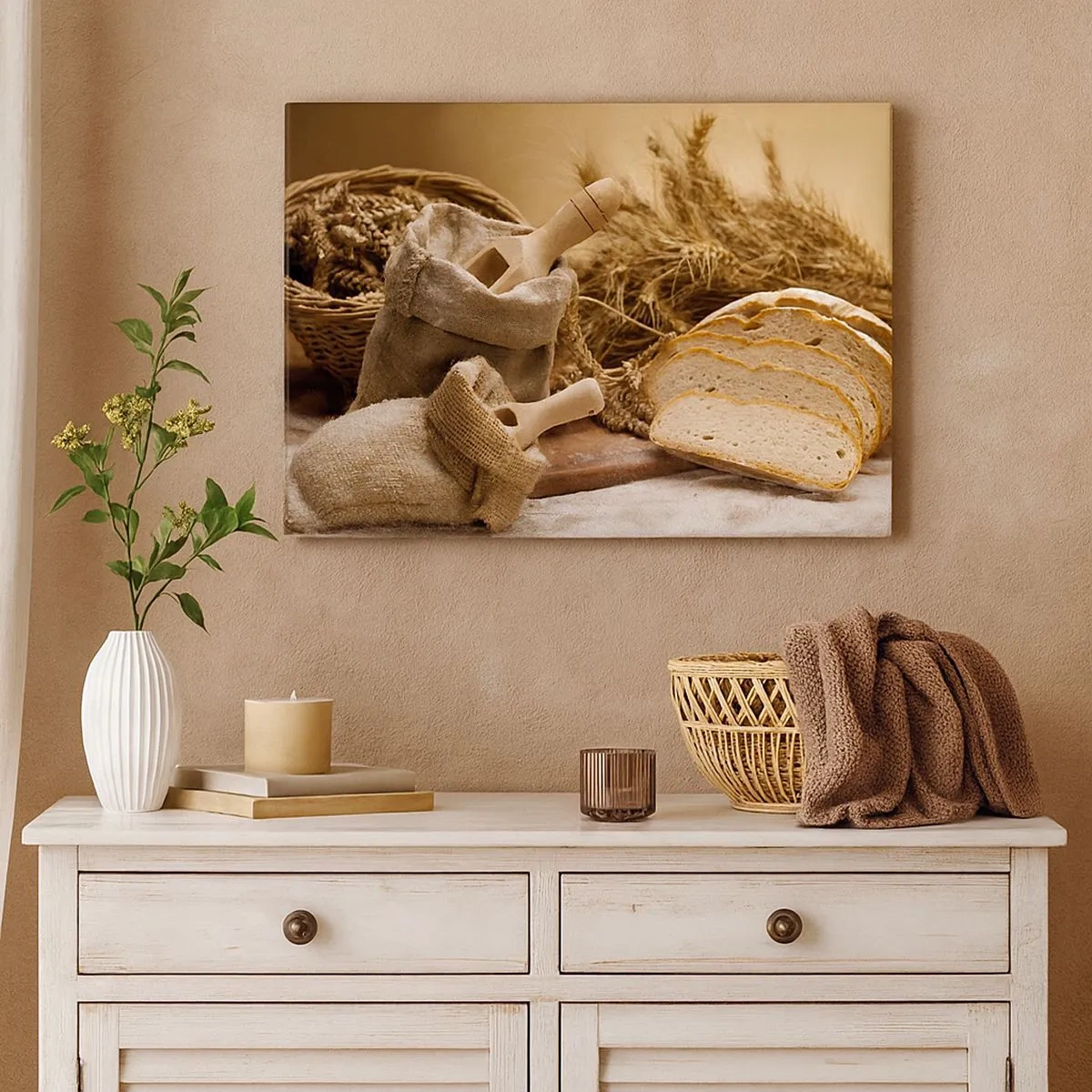 Bild auf Leinwand - Leinwandbild - Eine Landschaft mit Brot, Mehl und Ähren im rustikalen Stil. - 70x50cm - Wie mit einem Messer geschnitten - Moderne Wanddekoration für Wohnzimmer und Schlafzimmer ARTTOR