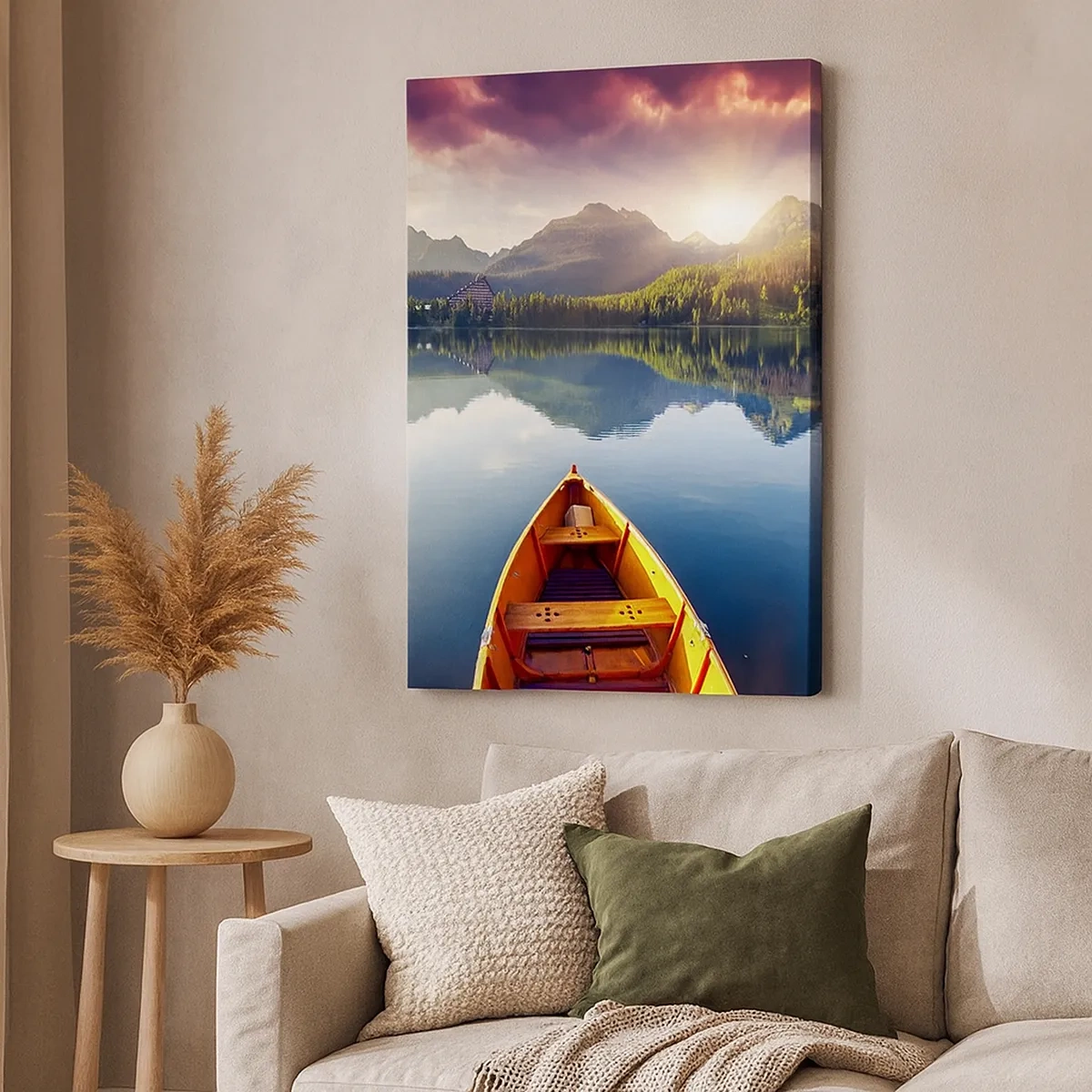 Bild auf Leinwand - Leinwandbild - Drei Holzboote vor der Kulisse eines Bergsees bei Sonnenuntergang - 50x70cm - Nichts gegen die Natur - Moderne Wanddekoration für Wohnzimmer und Schlafzimmer ARTTOR