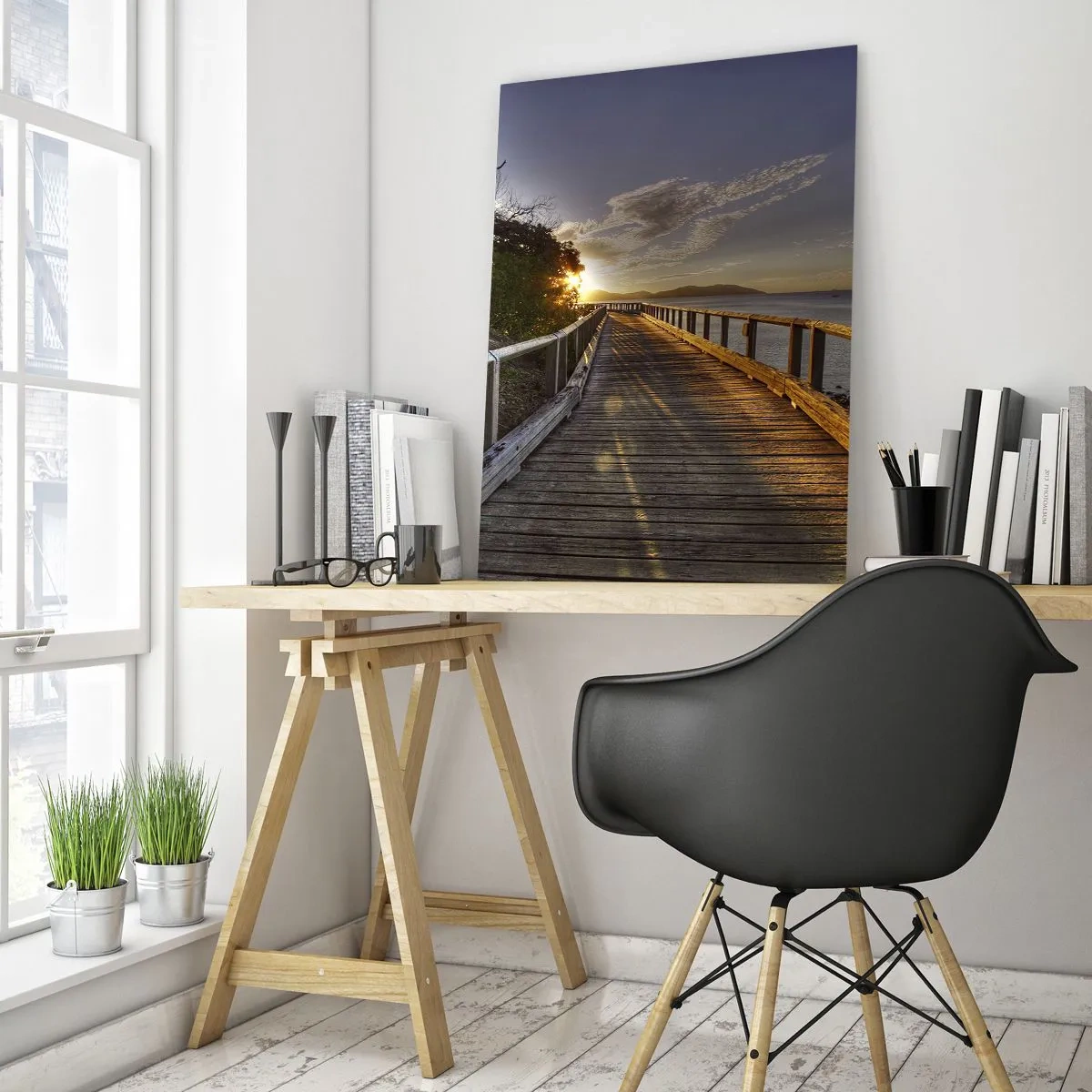 Glasbild - Bild auf glas - Ein Holzsteg führt dem Sonnenuntergang über dem Wasser entgegen - 80x120cm - Gehen, weiter der Sonne entgegengehen - Moderne Wanddekoration für Wohnzimmer und Schlafzimmer ARTTOR