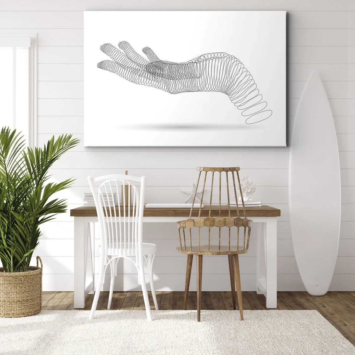 Bild auf Leinwand - Leinwandbild - Eine minimalistische Illustration einer Hand aus schwarzen Punkten auf weißem Hintergrund. - 100x70cm - Federnde Hand - Moderne Wanddekoration für Wohnzimmer und Schlafzimmer ARTTOR