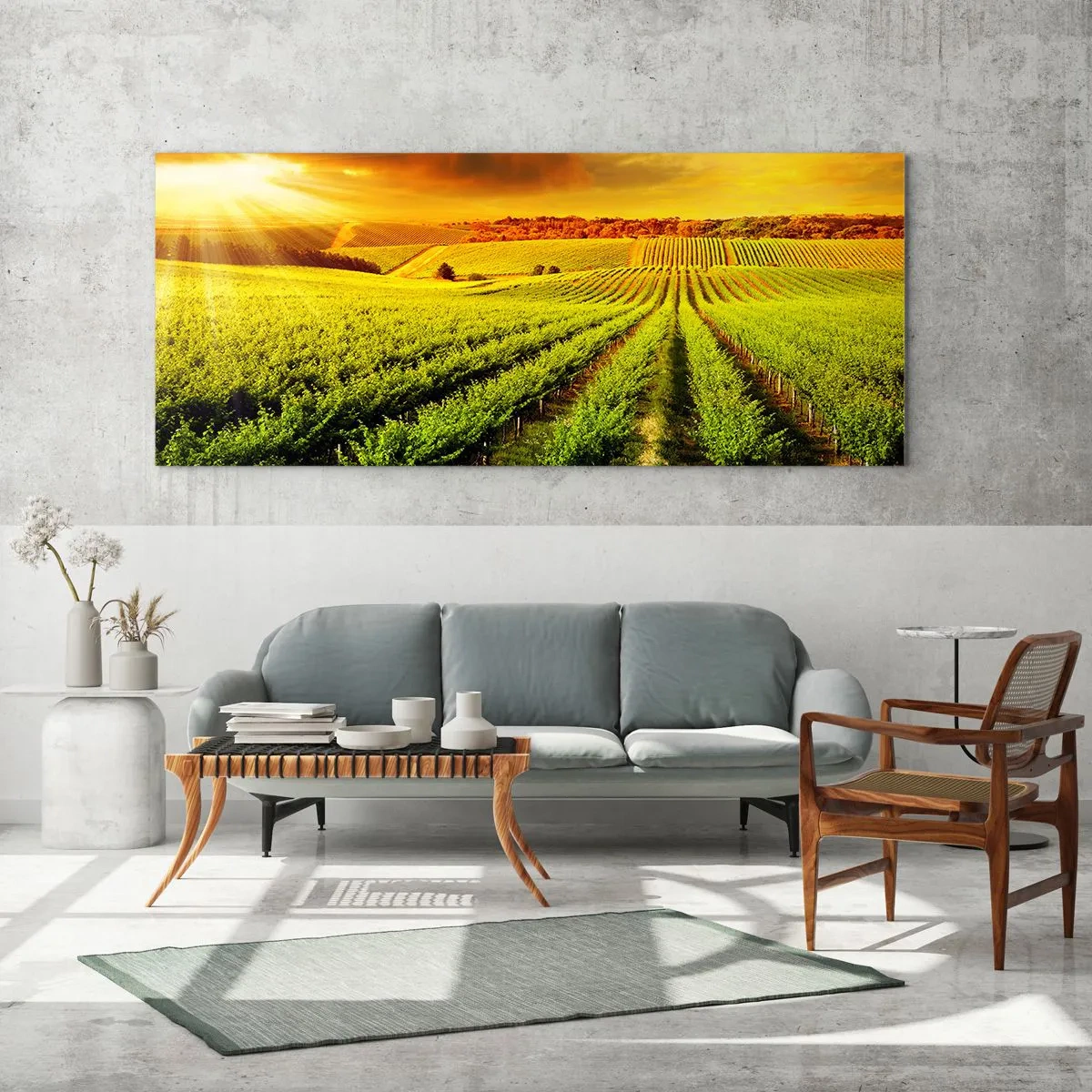 Glasbild - Bild auf glas - Goldene Weinberge, beleuchtet von den Sonnenstrahlen - 140x50cm - Unter der australischen Sonne - Moderne Wanddekoration für Wohnzimmer und Schlafzimmer ARTTOR