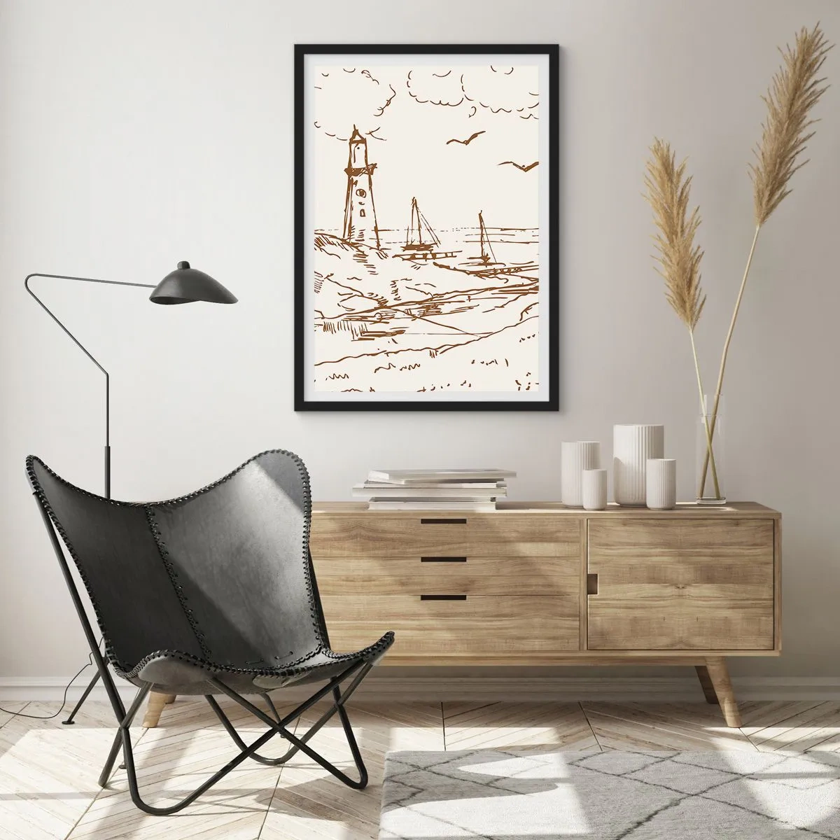 Poster in einem schwarzem Rahmen - Leuchtturm mit Booten und Vögeln - 50x70cm - Ein Überblick über die Erinnerungen an den Sommer - Moderne Wanddekoration für Wohnzimmer und Schlafzimmer ARTTOR