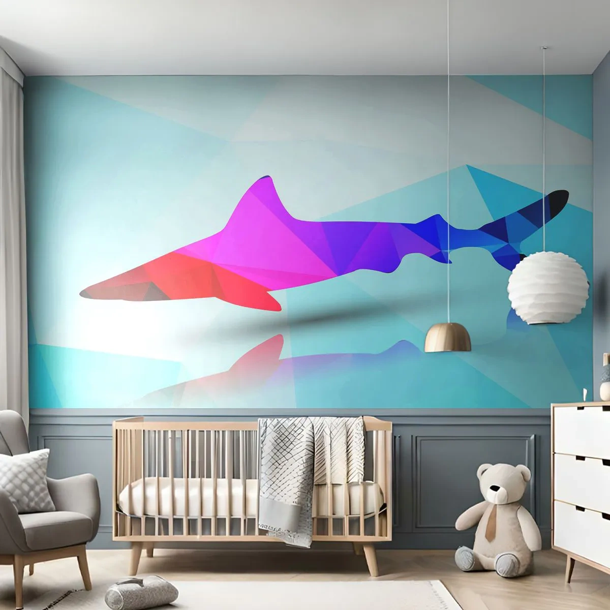 Selbstklebende Fototapete Deluxe Sticker - Ein Hai in einem Kristallraum - Tiere, Hai, Geometrische Figur - 250x175 cm