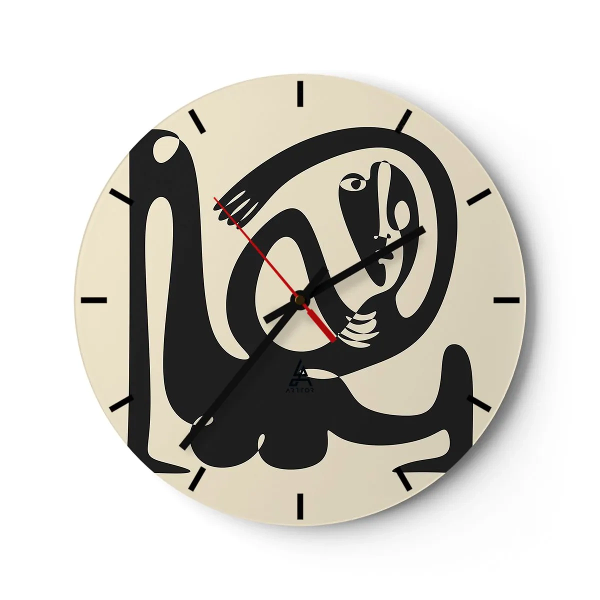 Wanduhr - Glasuhr - Eine schwarze Figur im abstrakten Stil auf cremefarbenem Hintergrund - 30x30cm - Fast wie Picasso - Moderne Wanddekoration für Wohnzimmer, Küche und Schlafzimmer ARTTOR