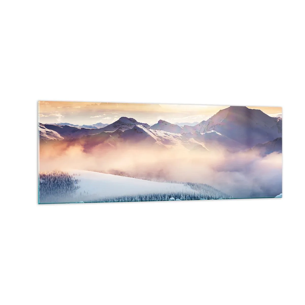 Glasbild - Bild auf glas - Schneebedeckte Berge im Morgengrauen mit einem farbenfrohen Himmel - 140x50cm - Die Kraft und Reinheit der Natur - Moderne Wanddekoration für Wohnzimmer und Schlafzimmer ARTTOR