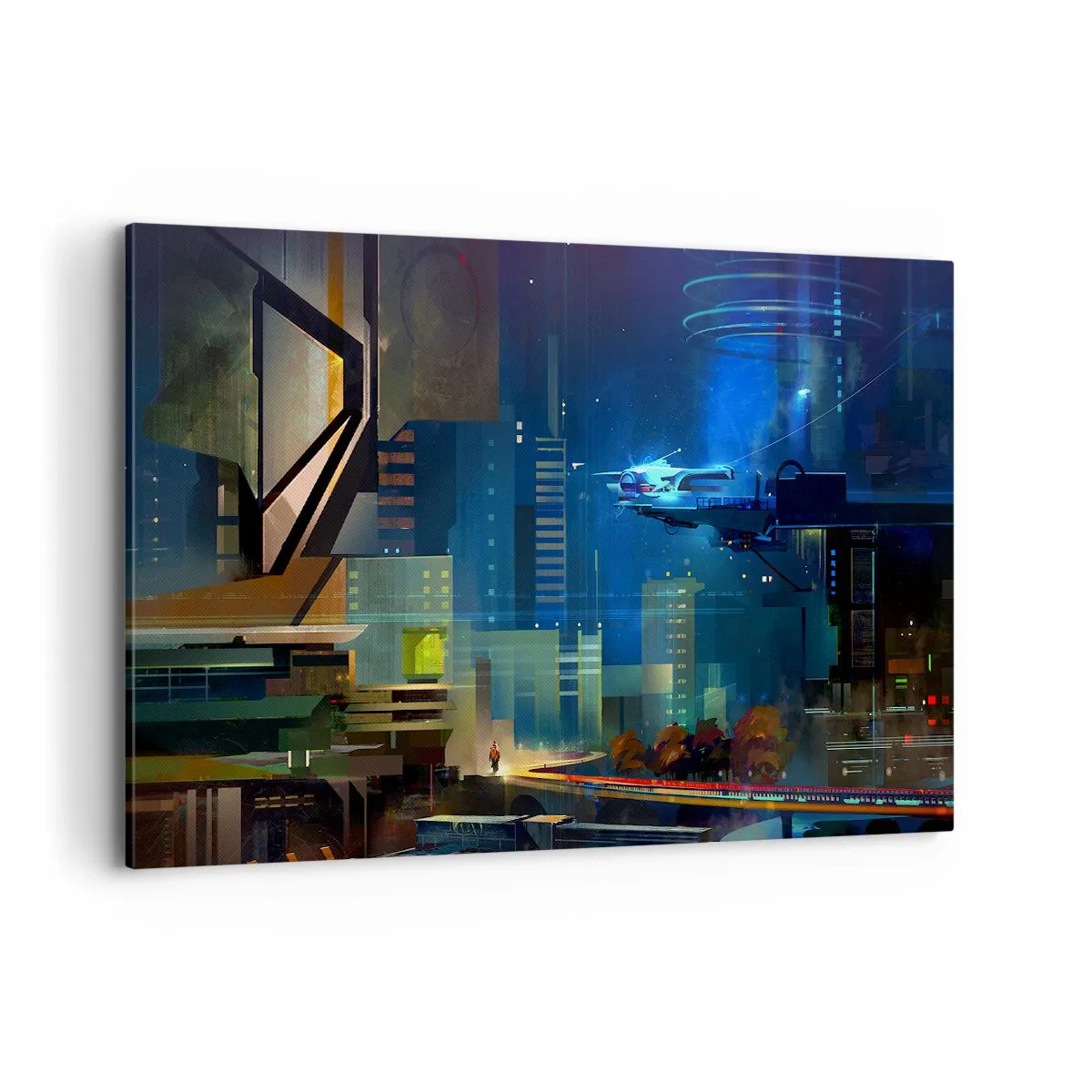 Bild auf Leinwand - Leinwandbild - Futuristische Stadt bei Nacht mit Neonlichtern und einem fliegenden Fahrzeug - 100x70cm - In naher Zukunft - Moderne Wanddekoration für Wohnzimmer und Schlafzimmer ARTTOR