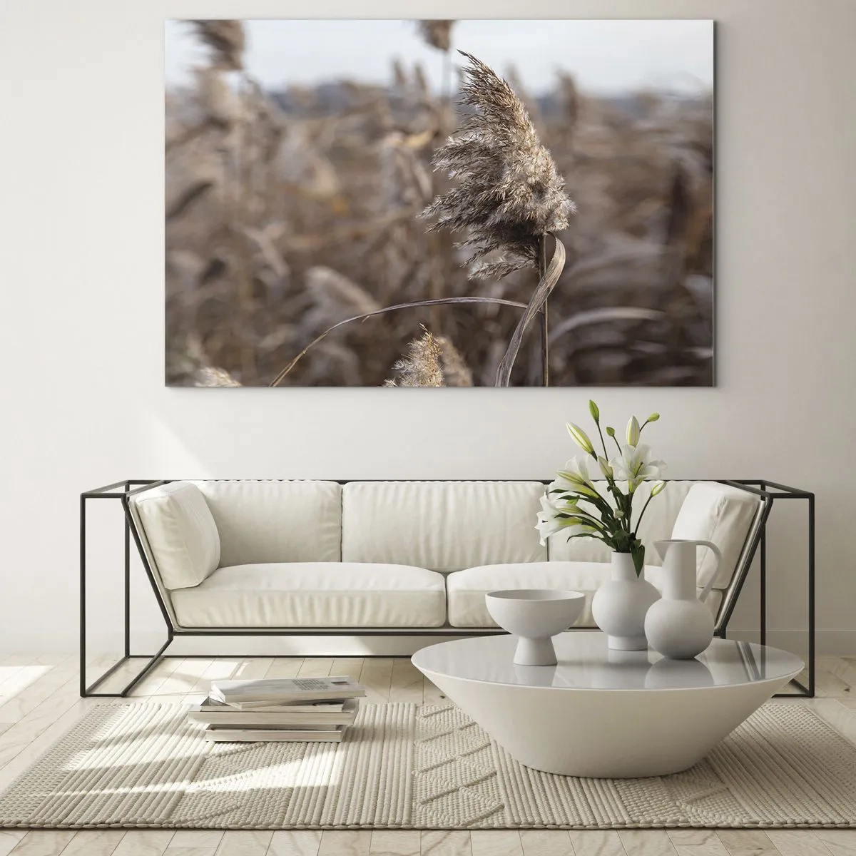 Glasbild - Bild auf glas - Nahaufnahme von trockenem Gras, das im Wind schwankt - 70x50cm - Zeit, mit dem Wind zu gehen - Moderne Wanddekoration für Wohnzimmer und Schlafzimmer ARTTOR