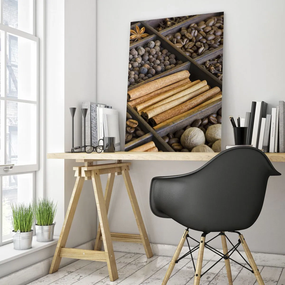 Glasbild - Bild auf glas - Gewürze in Holzfächern - 50x70cm - Eine Fundgrube an Aromen - Moderne Wanddekoration für Wohnzimmer und Schlafzimmer ARTTOR