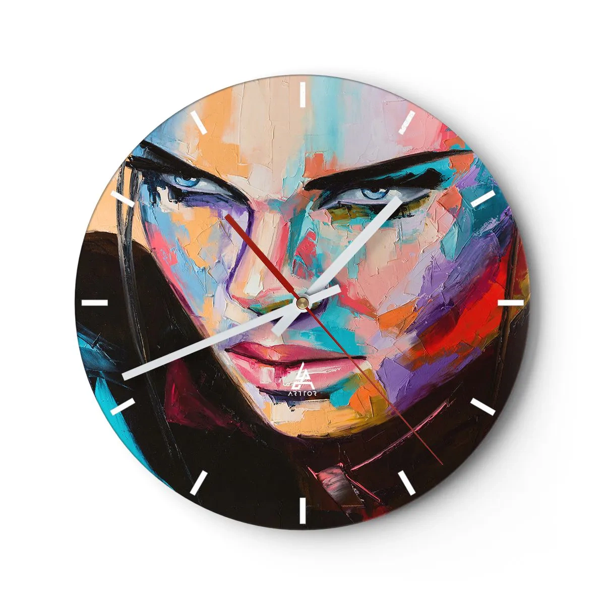 Wanduhr - Glasuhr - Abstraktes Porträt einer Frau - 30x30cm - Wild im Herzen - Moderne Wanddekoration für Wohnzimmer, Küche und Schlafzimmer ARTTOR