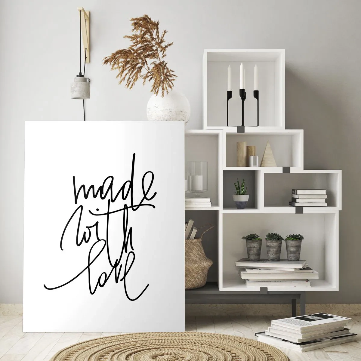 Glasbild - Bild auf glas - Schwarze Aufschrift „Made with love“ auf weißem Hintergrund - 70x100cm - Die beste Marke - Moderne Wanddekoration für Wohnzimmer und Schlafzimmer ARTTOR