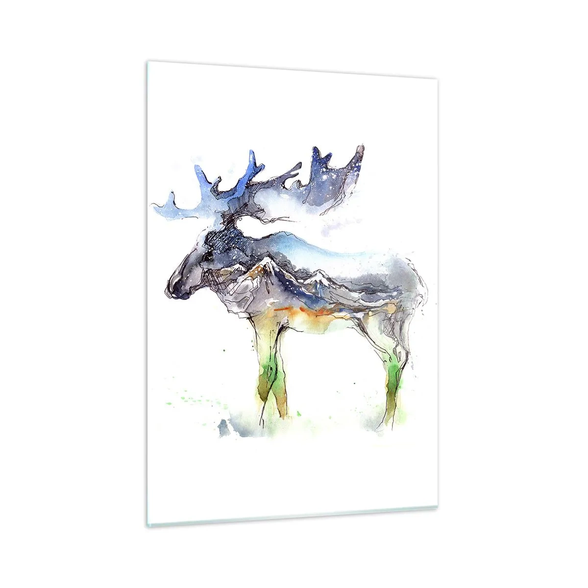 Glasbild - Bild auf glas - Aquarellmalerei eines Elches mit Bergsilhouette-Motiv - 50x70cm - Der Held eines Wintermärchens - Moderne Wanddekoration für Wohnzimmer und Schlafzimmer ARTTOR
