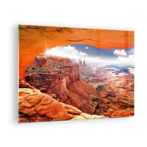 Glasbild - Bild auf glas - Blick auf den Canyon durch einen Felsbogen mit Sonnenstrahlen - 70x50cm - Von der Natur selbst geschnitzt - Moderne Wanddekoration für Wohnzimmer und Schlafzimmer ARTTOR