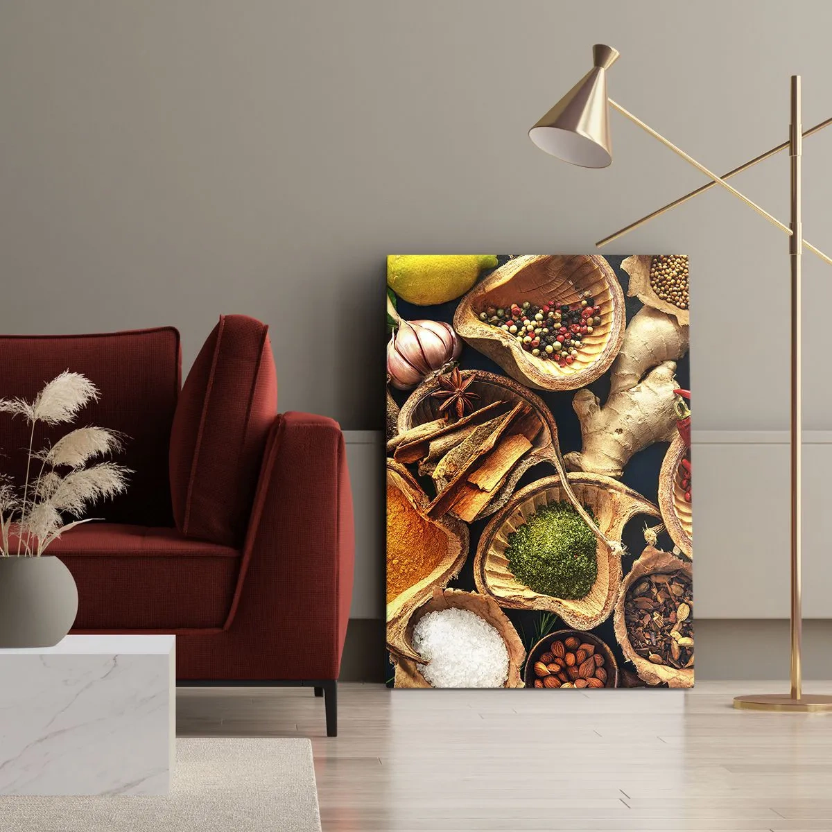 Bild auf Leinwand - Leinwandbild - Schalen mit Gewürzen in verschiedenen Farben - 70x100cm - Nimm was du willst - Moderne Wanddekoration für Wohnzimmer und Schlafzimmer ARTTOR