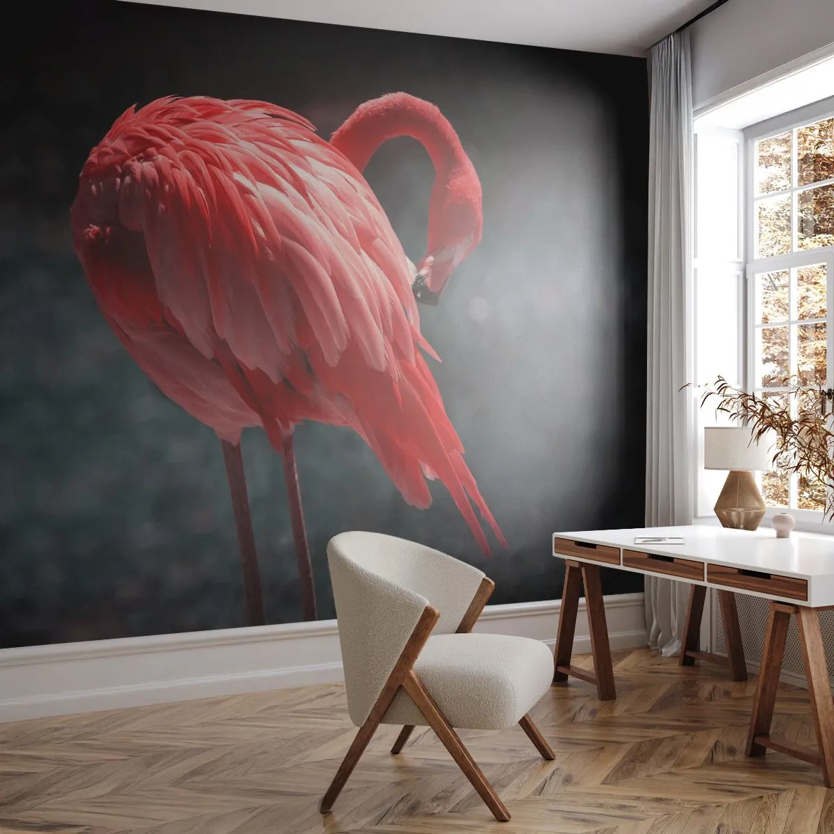 Fototapete Premium Sand - Ein purpurrotes Gedicht der Natur - Flamingo, Vogel, Natur - 100x70 cm
