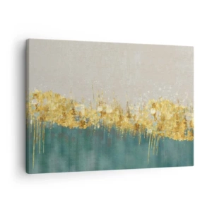 Bild auf Leinwand - Leinwandbild - Goldene Akzente auf grün-beigem Untergrund - 70x50cm - Goldener Rand - Moderne Wanddekoration für Wohnzimmer und Schlafzimmer ARTTOR