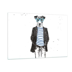 Glasbild - Bild auf glas - Illustration eines Hundes mit Matrosenhemd und Brille auf weißem Hintergrund - 120x80cm - Auf den Charme des Hundes - Moderne Wanddekoration für Wohnzimmer und Schlafzimmer ARTTOR