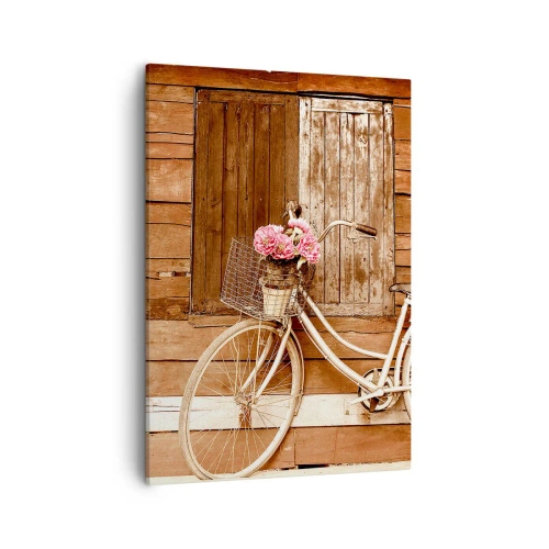 Bild auf Leinwand - Leinwandbild - Ein Fahrrad mit einem Korb voller Rosen vor einer Holzwand - 50x70cm - Ich komme gleich wieder - Moderne Wanddekoration für Wohnzimmer und Schlafzimmer ARTTOR