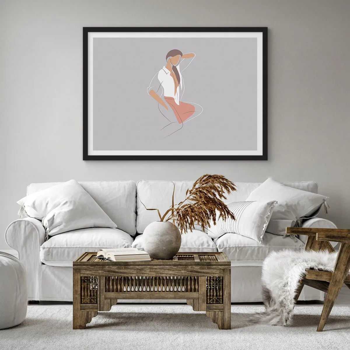 Poster in einem schwarzem Rahmen - Ein minimalistisches Frauenporträt in Pastellfarben. - 70x50cm - Umriss der Anmut - Moderne Wanddekoration für Wohnzimmer und Schlafzimmer ARTTOR