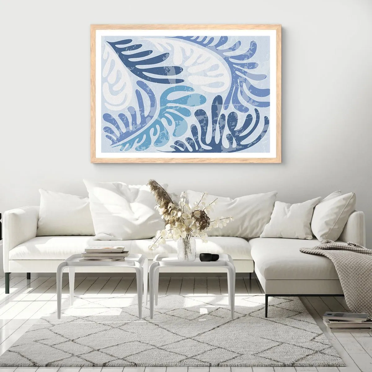 Poster in einem Rahmen aus heller Eiche - Blaue Farne - 91x61 cm