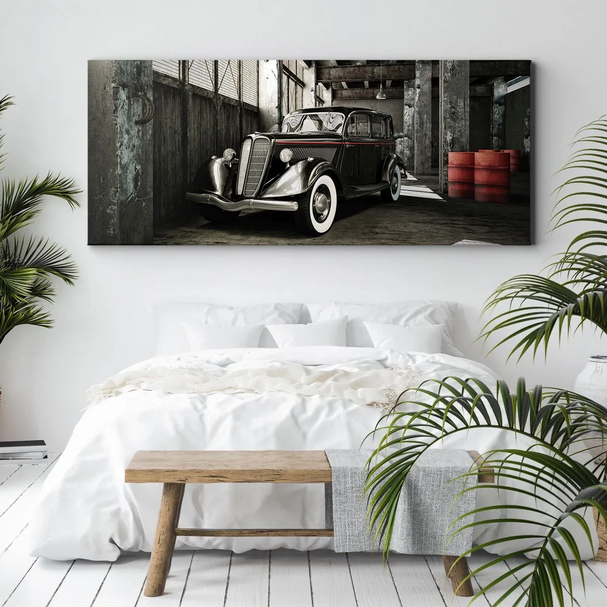 Bild auf Leinwand - Leinwandbild - Stilvolles Retro-Auto in einem Rohlager - 120x50cm - Die ewige Eleganz der 1930er Jahre - Moderne Wanddekoration für Wohnzimmer und Schlafzimmer ARTTOR