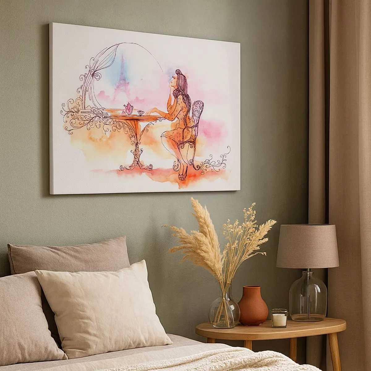 Bild auf Leinwand - Leinwandbild - Romantisches Aquarell einer Frau in einem Café mit Blick auf einen Turm - 70x50cm - Pariser Chic - Moderne Wanddekoration für Wohnzimmer und Schlafzimmer ARTTOR