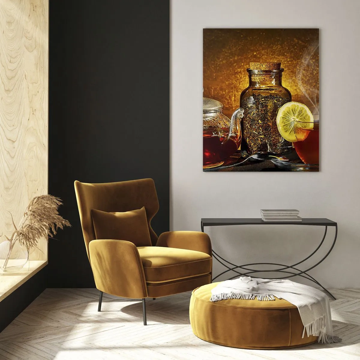 Glasbild - Bild auf glas - Tee in einer Glaskanne mit Zitrone und losem Tee - 70x100cm - Im Stil der niederländischen Meister - Moderne Wanddekoration für Wohnzimmer und Schlafzimmer ARTTOR
