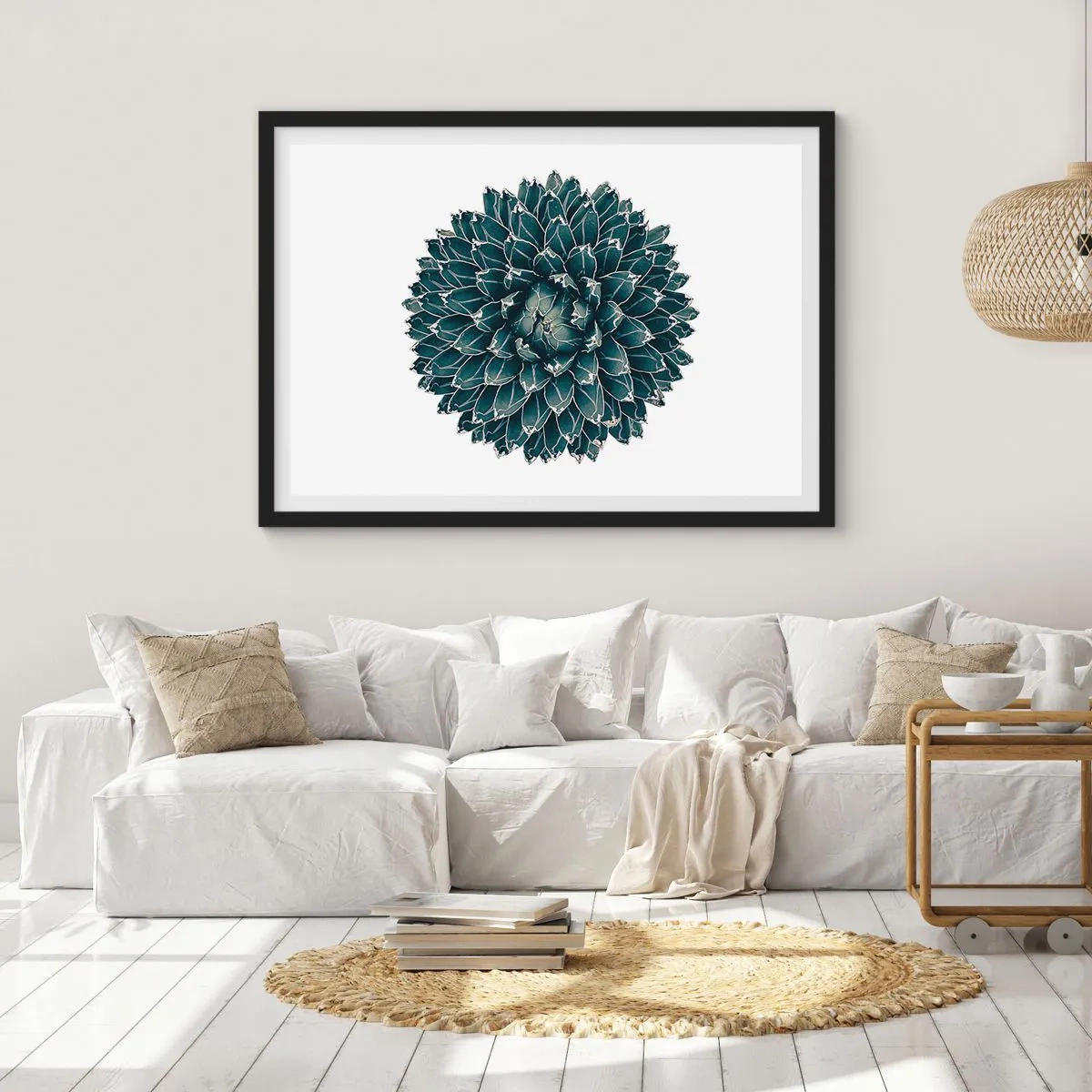 Poster in einem schwarzem Rahmen - Symmetrische Sukkulente auf weißem Hintergrund - 70x50cm - Stern der Wüste - Moderne Wanddekoration für Wohnzimmer und Schlafzimmer ARTTOR