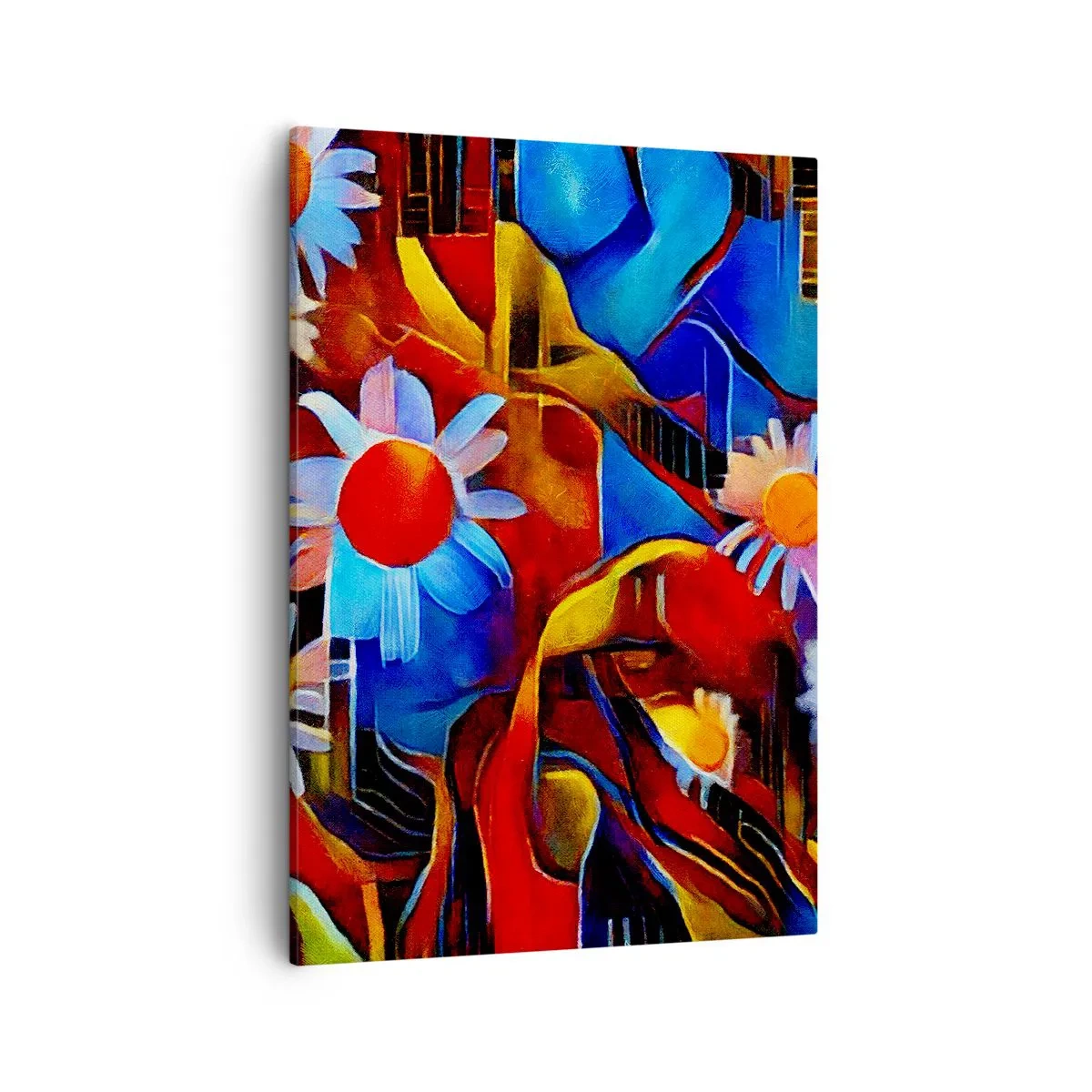 Bild auf Leinwand - Leinwandbild - Abstrakte Blumen vor einem Hintergrund aus geometrischen Mustern - 50x70cm - Die Farben des Lebens - Moderne Wanddekoration für Wohnzimmer und Schlafzimmer ARTTOR