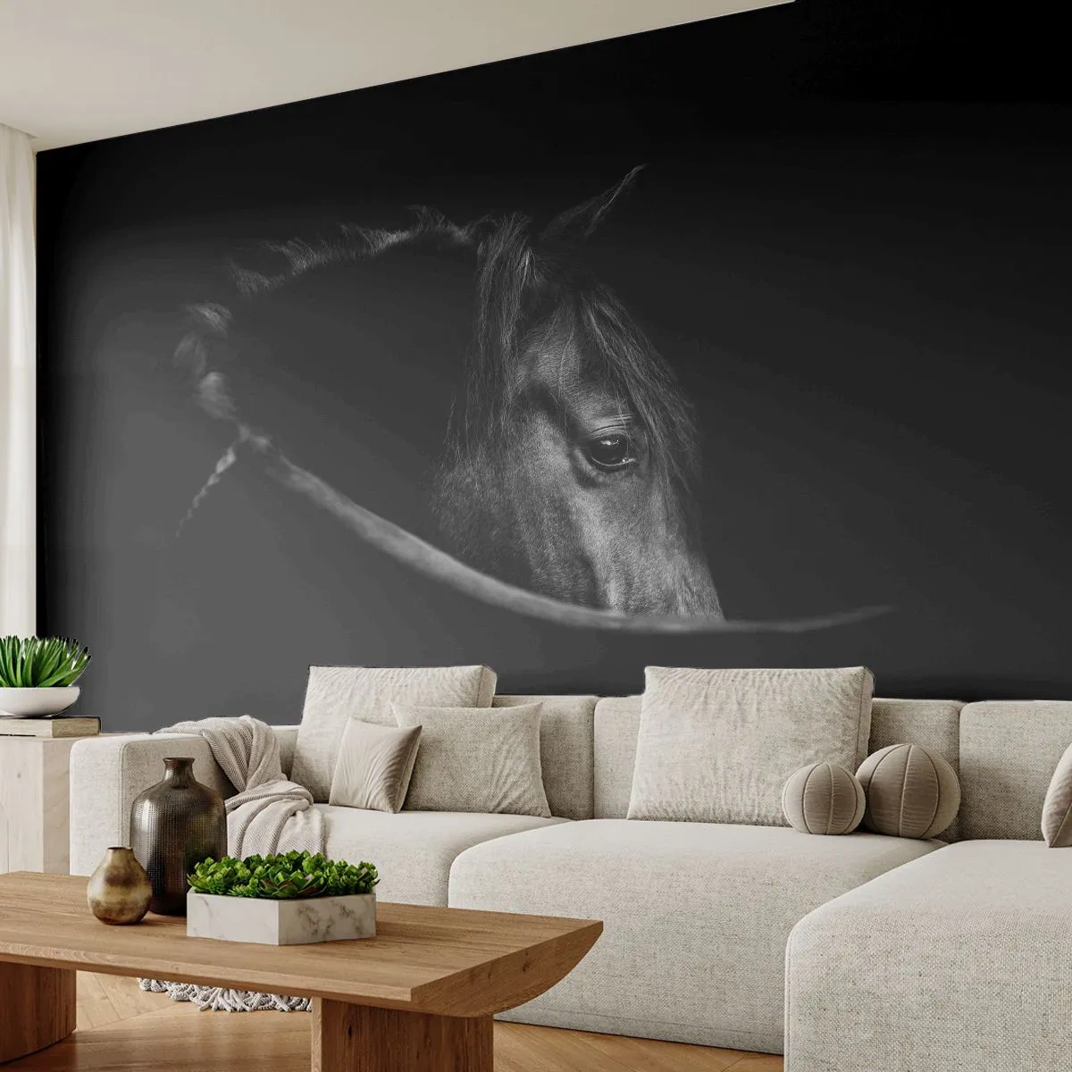 Fototapete Premium Sand - Schwarz-weiße Silhouette eines Pferdes auf dunklem Hintergrund - 100x70cm - Schwarzer Prinz - Moderne Wanddekoration für Wohnzimmer und Schlafzimmer ARTTOR