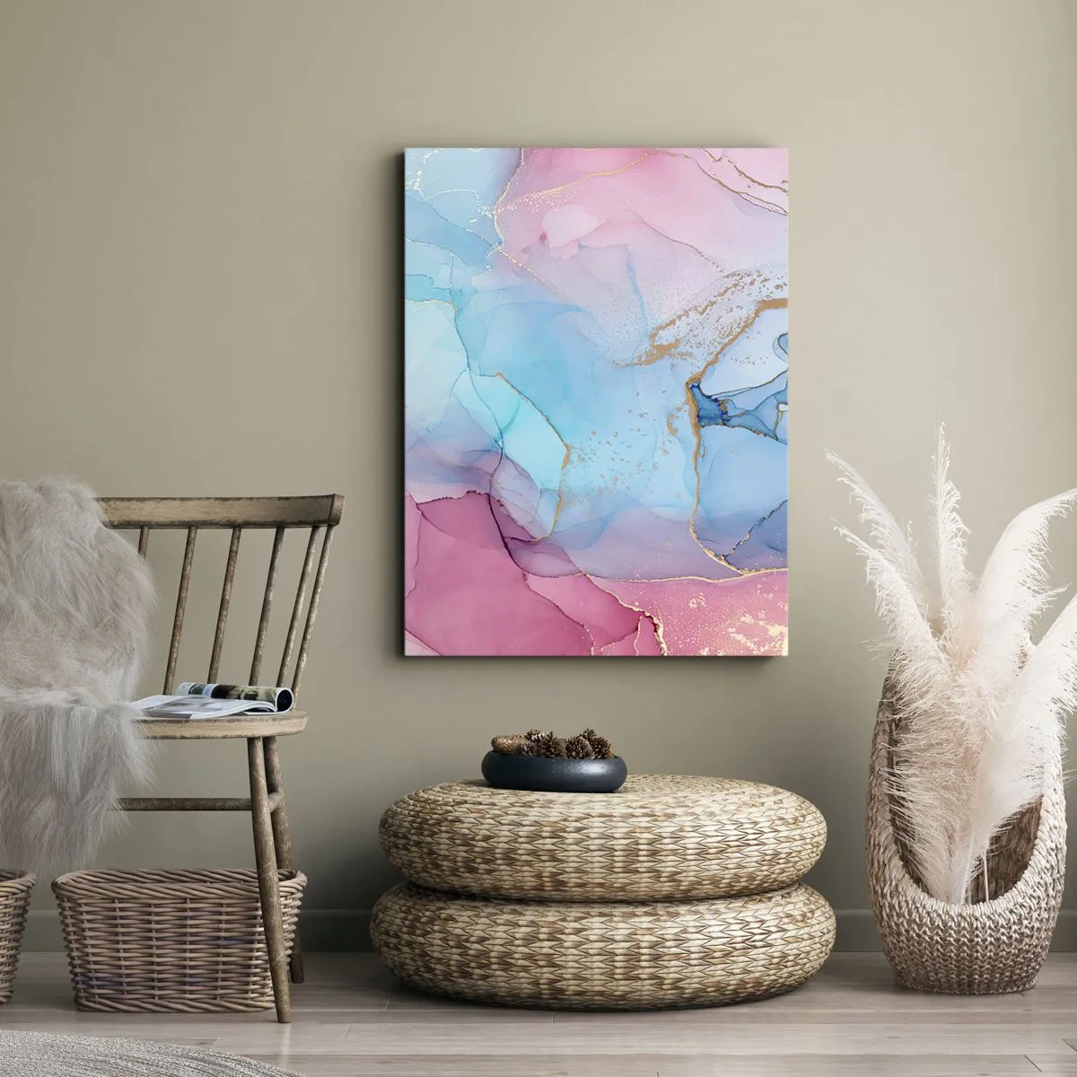 Bild auf Leinwand - Leinwandbild - Abstrakte Pastellmuster mit goldenen Akzenten - 50x70cm - Begegnung und Durchdringung - Moderne Wanddekoration für Wohnzimmer und Schlafzimmer ARTTOR