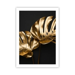 Poster - Goldene Monstera-Blätter auf schwarzem Hintergrund, ein eleganter Farbkontrast - 50x70cm - Die Schätze der Natur - Moderne Wanddekoration für Wohnzimmer und Schlafzimmer ARTTOR