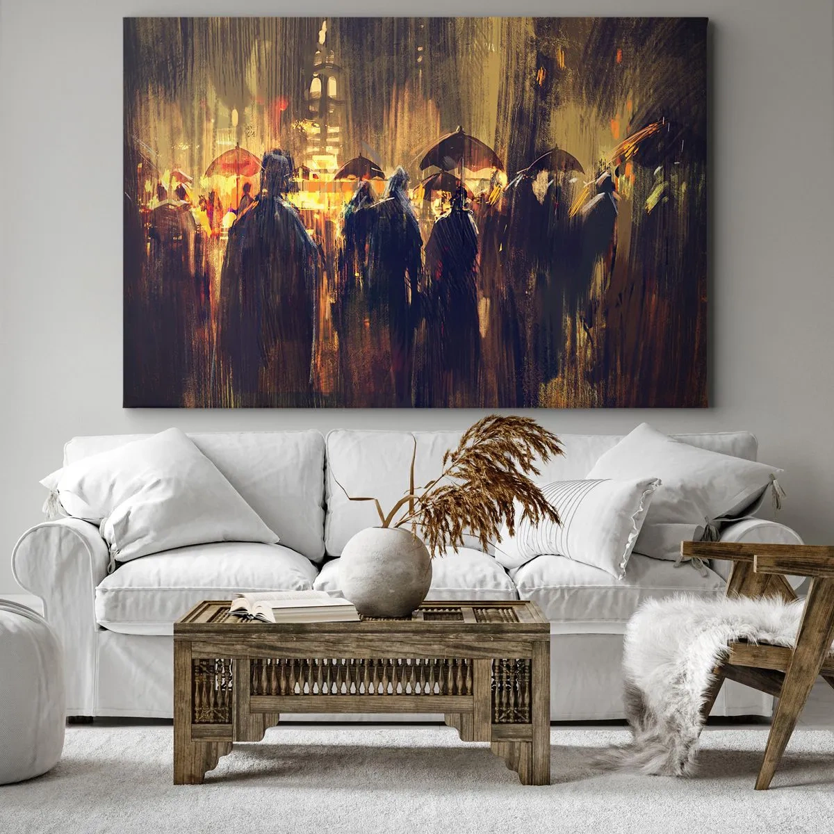 Bild auf Leinwand - Leinwandbild - Figuren mit Regenschirmen in einer verregneten Stadt bei Nacht - 70x50cm - Anhänger des Regens - Moderne Wanddekoration für Wohnzimmer und Schlafzimmer ARTTOR