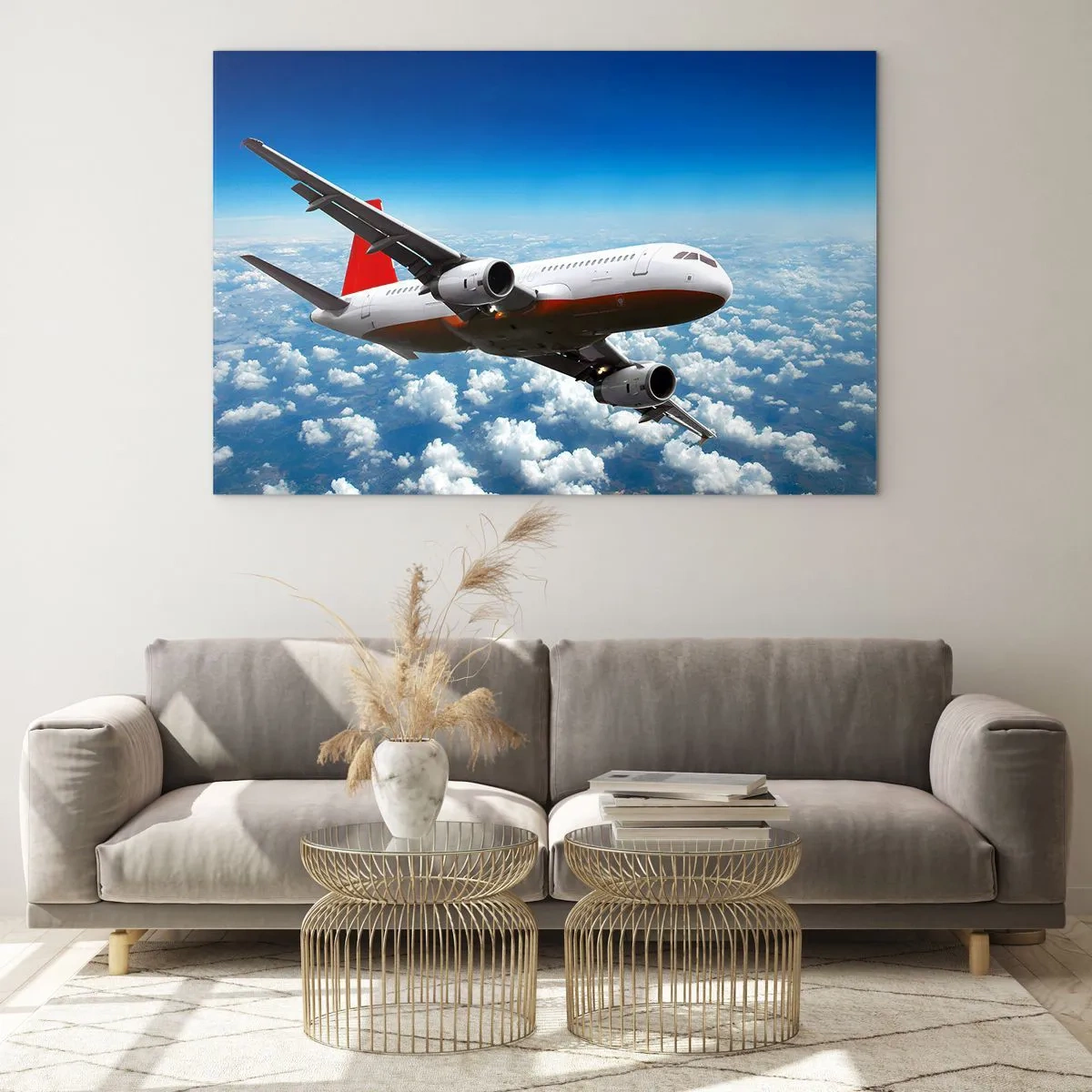 Glasbild - Bild auf glas - Ein Passagierflugzeug fliegt über den Wolken vor blauem Himmel - 70x50cm - Entferne dich von allem - Moderne Wanddekoration für Wohnzimmer und Schlafzimmer ARTTOR